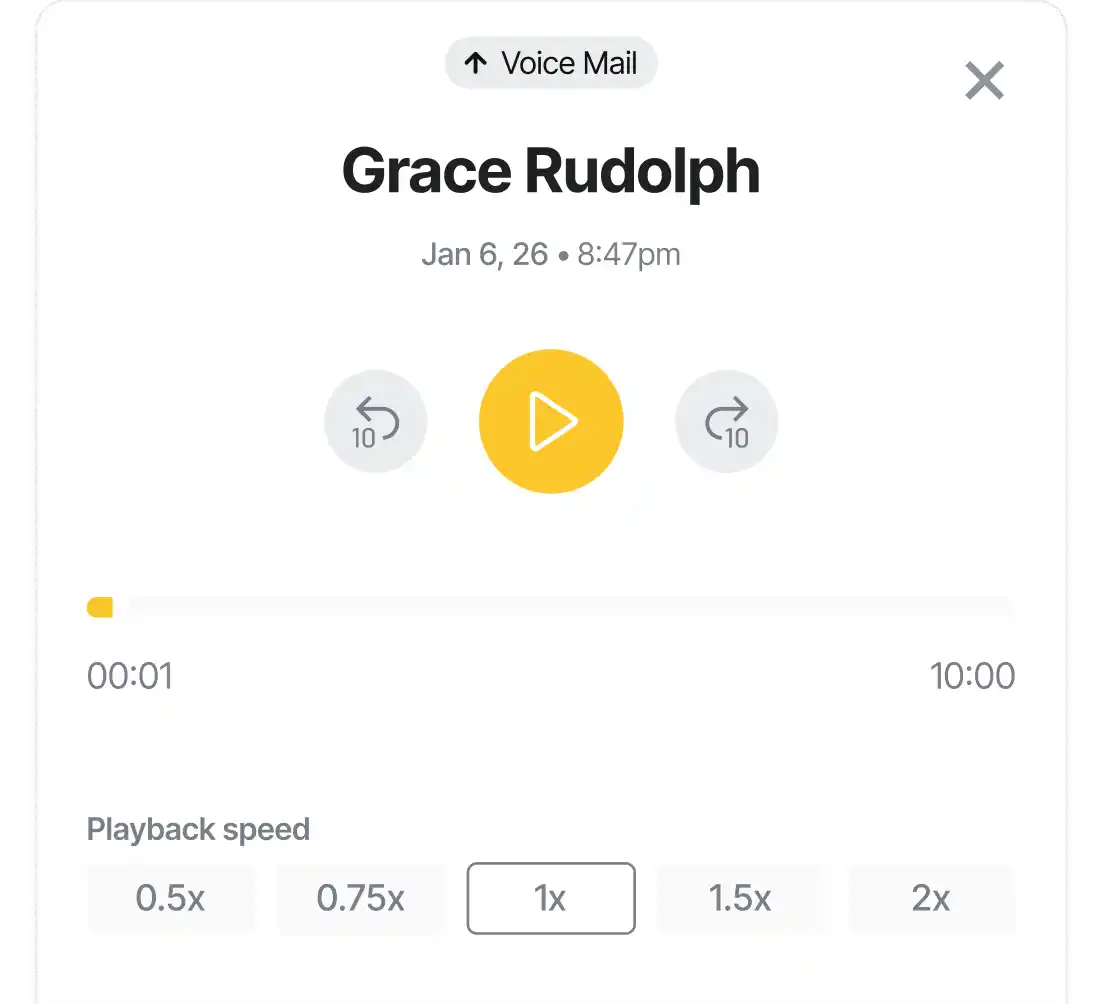 Voice mail playback interface for Grace Rudolph with playback controls and timestamp.