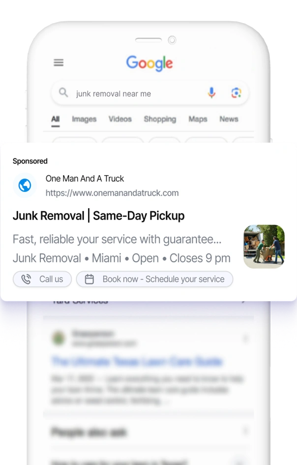 Smartphone displaying a Google search result for a lawn care business with a sponsored ad.