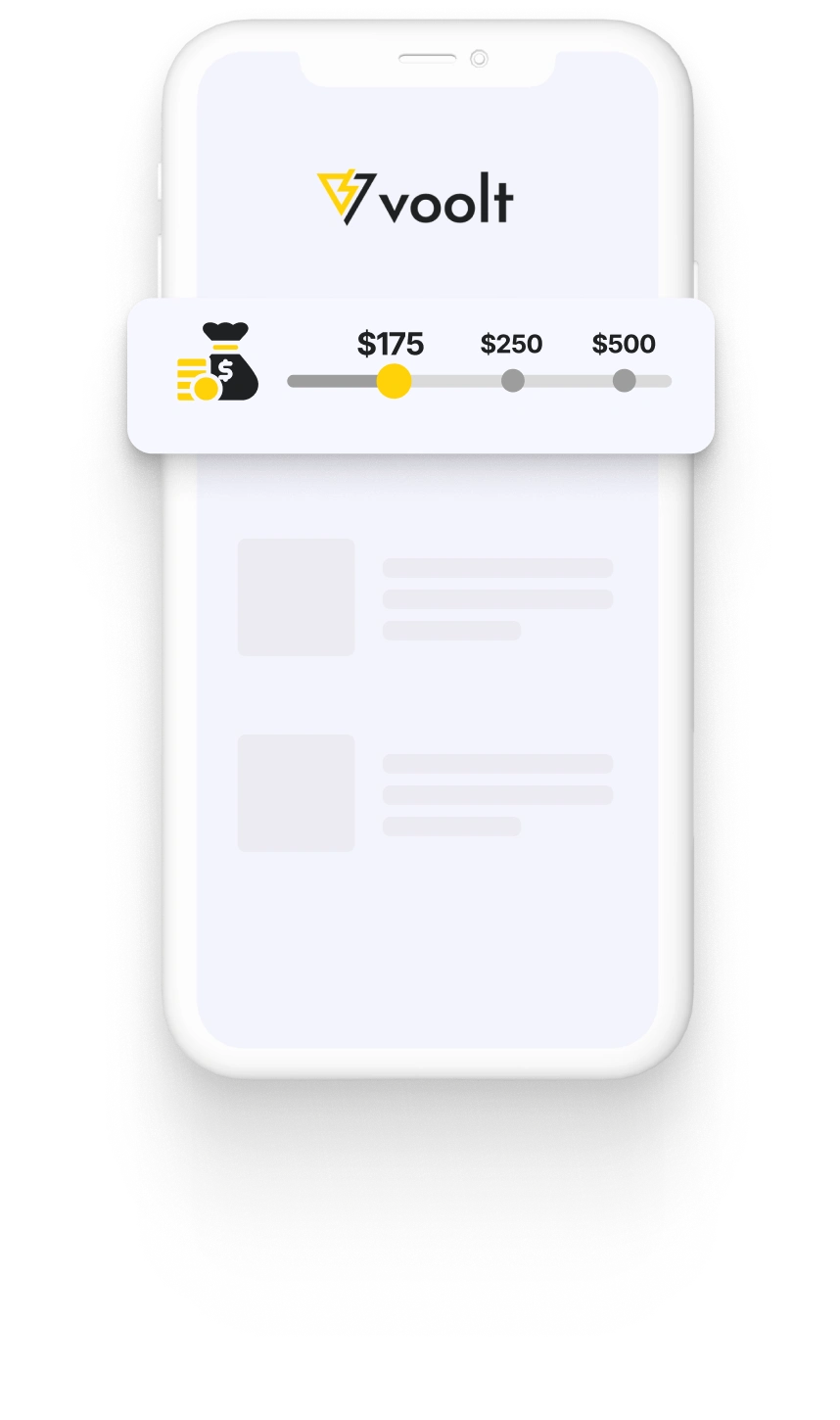 Smartphone displaying a Voolt interface with an adjustable budget slider for ad spending, ranging from $175 to $500.
