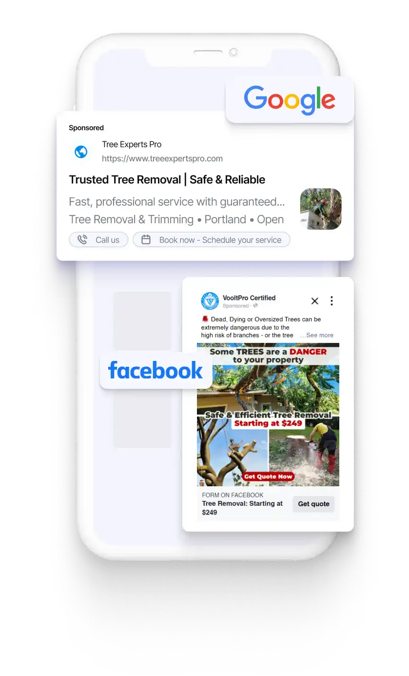 Smartphone screen showing Voolt ads on Google and Facebook for a business, highlighting landscaping and junk removal services.