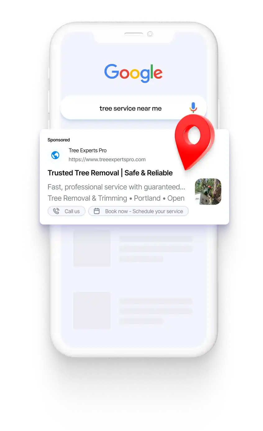 Google search result for 'Lawn care near me' with a local lawn care business ad displayed on a smartphone screen.