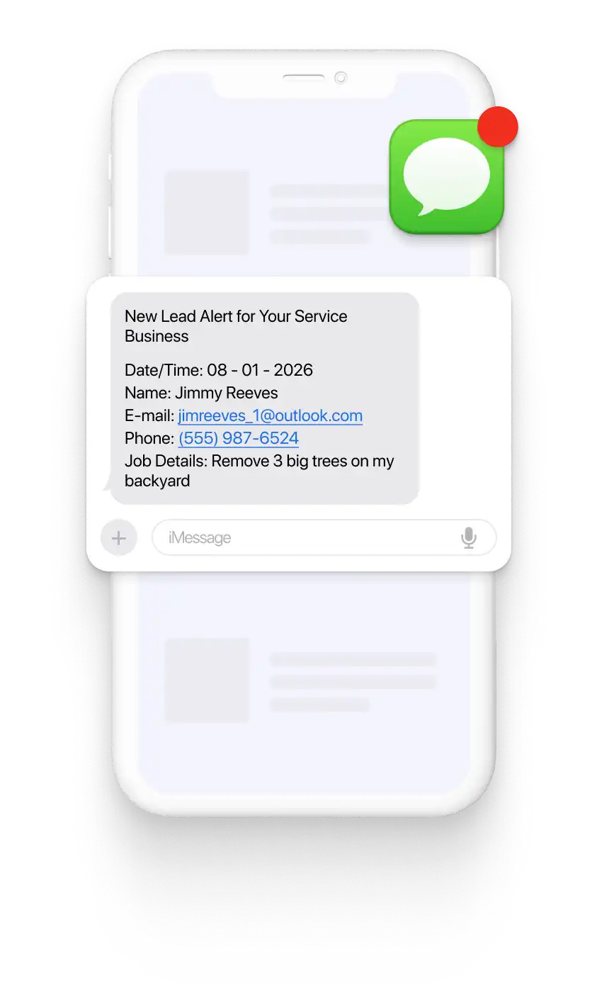 New lead notification from Voolt on a smartphone screen, showing contact details and job information for a service business.