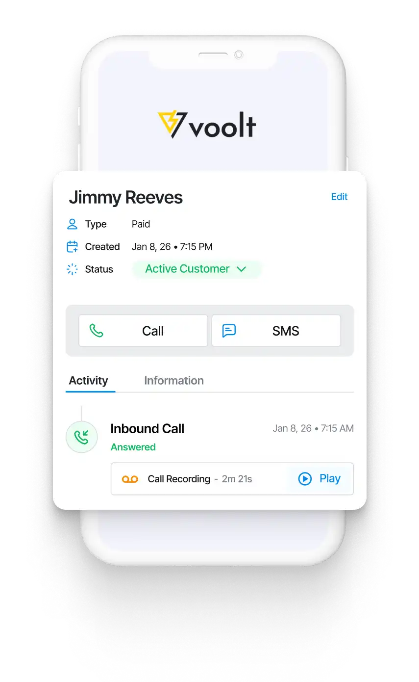 Customer contact details and call activity on Voolt's dashboard shown on a smartphone interface, with options to call or send SMS.