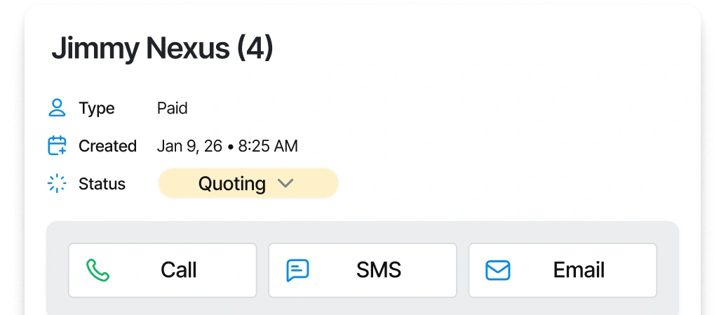 Lead details showing type, created date, and status with options to call, SMS, or email.