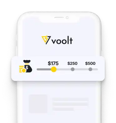 Smartphone displaying a Voolt interface with an adjustable budget slider for ad spending, ranging from $175 to $500.