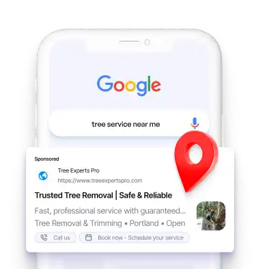 Google search result for 'Lawn care near me' with a local lawn care business ad displayed on a smartphone screen.