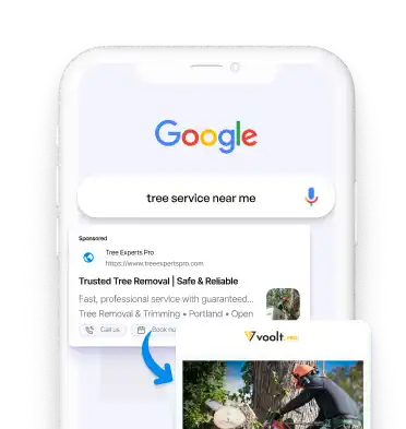 Google search result for 'Handyman near me' with a local handyman business ad displayed on a smartphone screen and a corresponding landing page below.