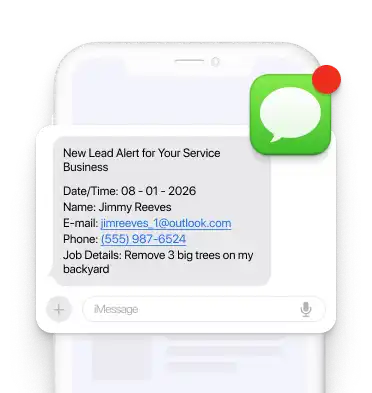 New lead notification from Voolt on a smartphone screen, showing contact details and job information for a service business.