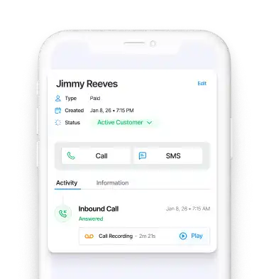 Customer contact details and call activity on Voolt's dashboard shown on a smartphone interface, with options to call or send SMS.